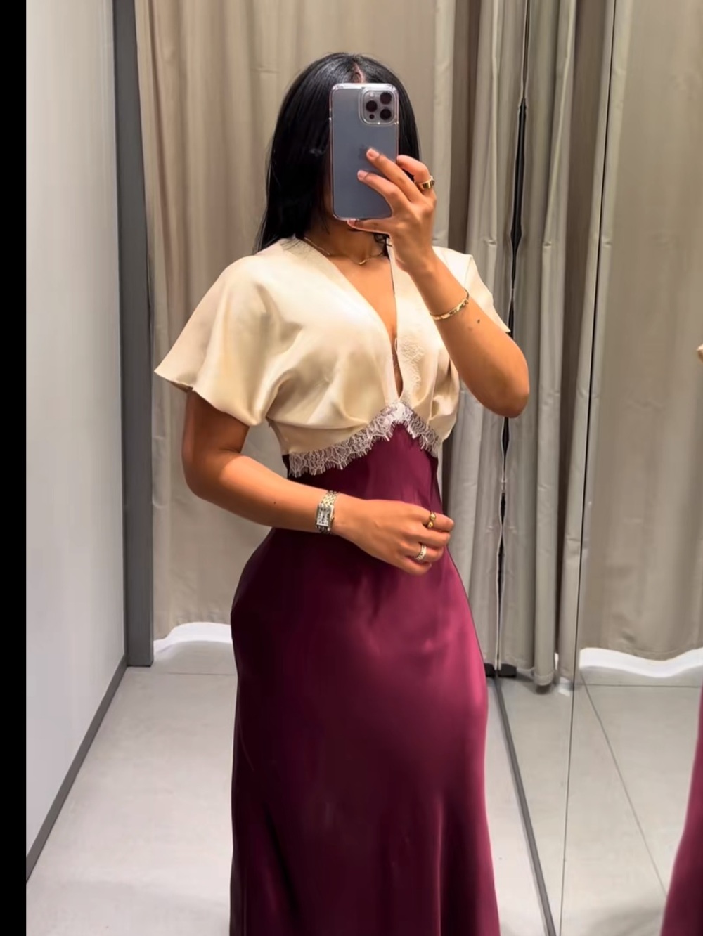 Zara Cream and Plum Satin Maxi Dress with Lace Trim